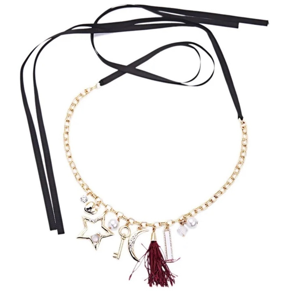 Gold Ribbon Charm Necklace with Star, Moon & Tassel Accents – Adjustable 140cm